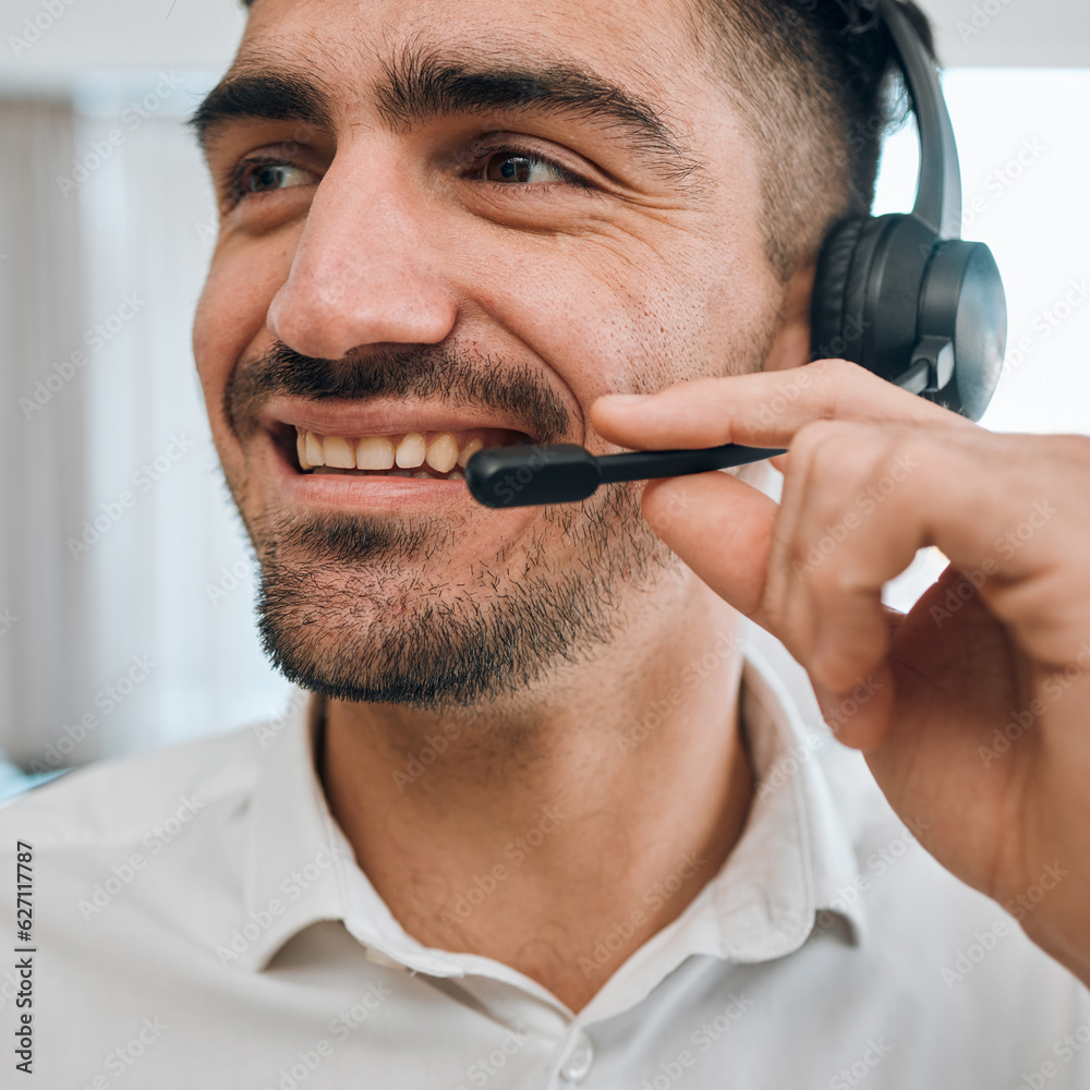 Call center, man or face of happy consultant for customer service, business support or CRM communica