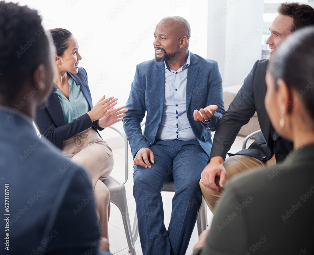 Business people, meeting and discussion in circle at office for team building, planning and brainsto