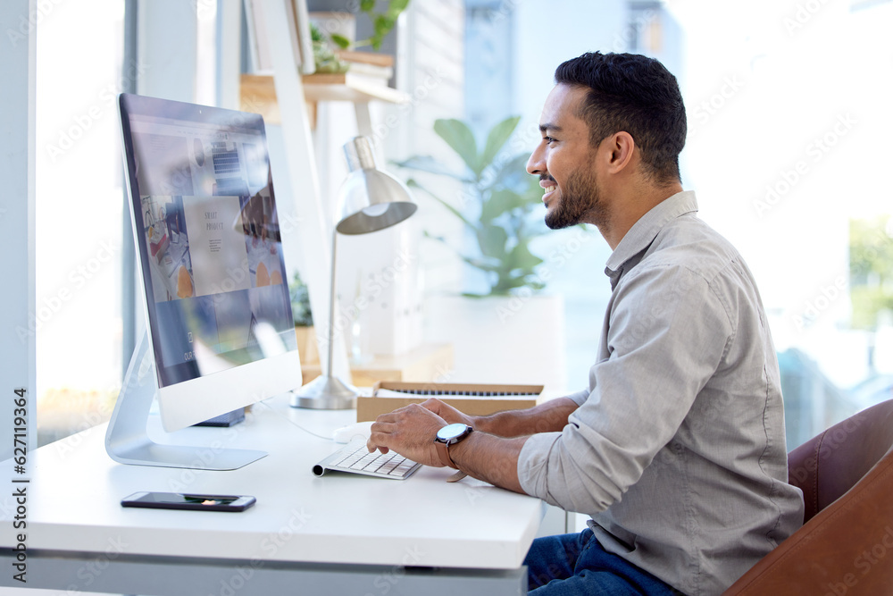 Technology, businessman with computer and typing on keyboard at a desk in office at his workplace sm