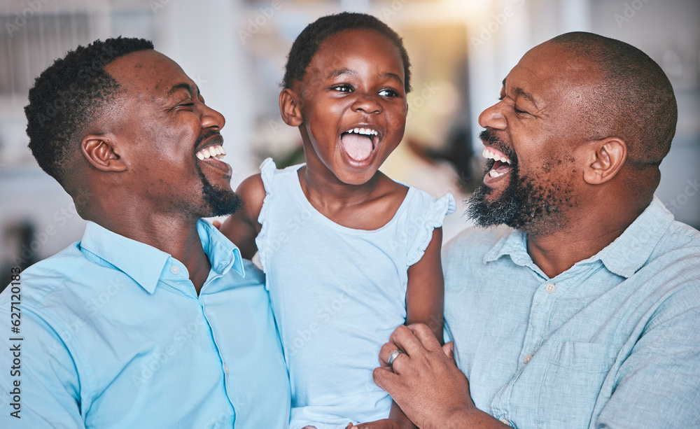 Black family, grandfather or dad laughing with child bonding or playing to relax together at home. A