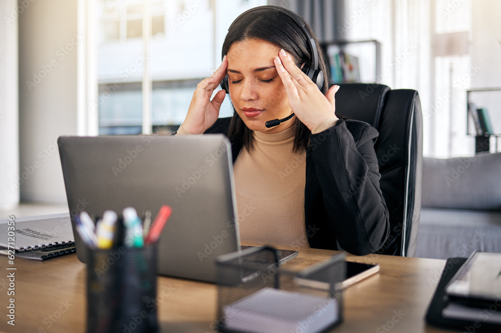 Woman, call center and headache in stress, mistake or client problem on laptop at office desk. Frust