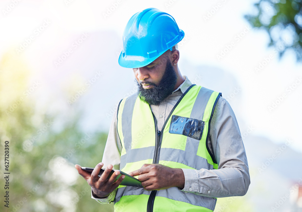 Construction worker, tablet and building inspection check with industrial employee with tech. Africa