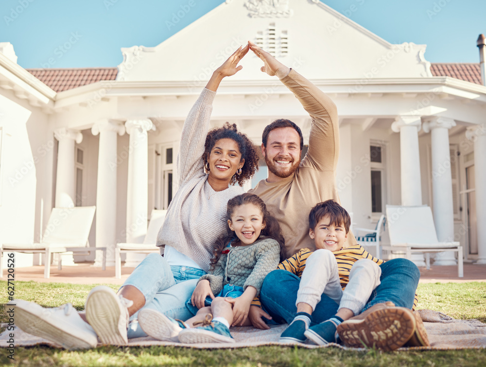 Parents, hands together and protection with children, relax on lawn and happiness in portrait while 