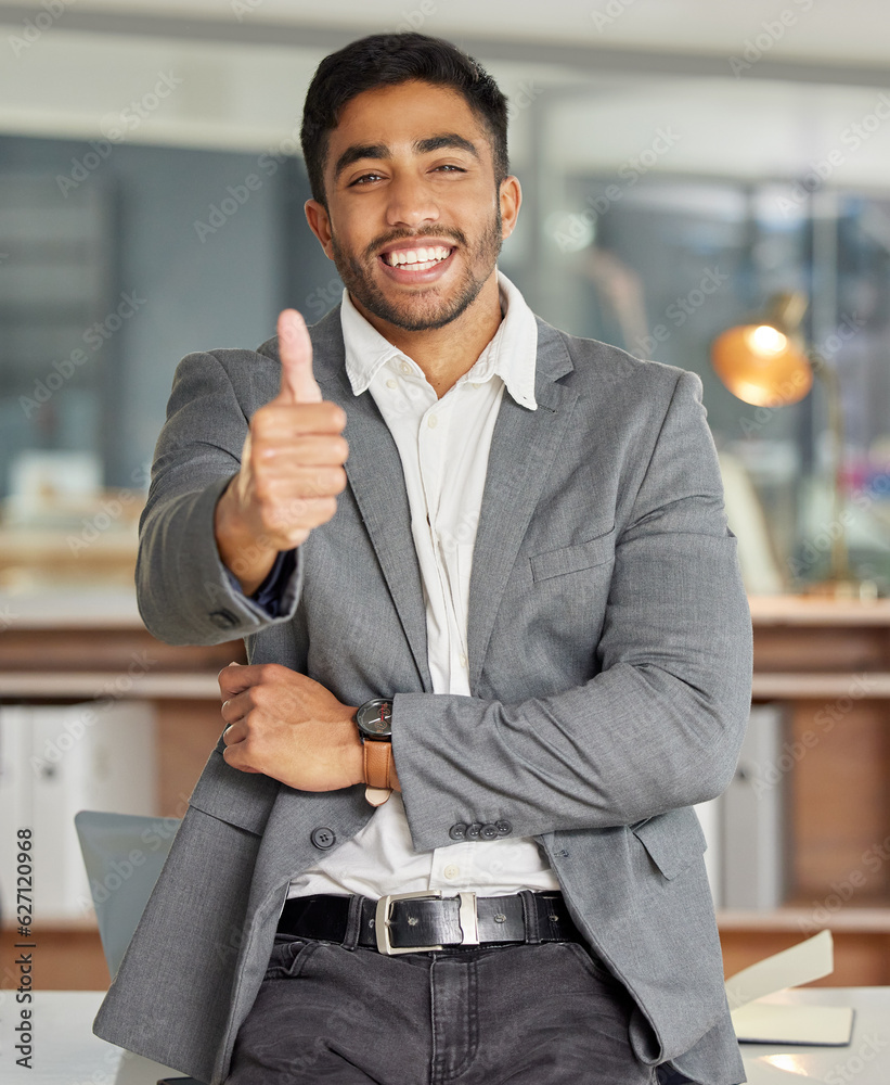 Portrait, happy and business man with thumbs up in office for success, yes and thank you gesture. Fa