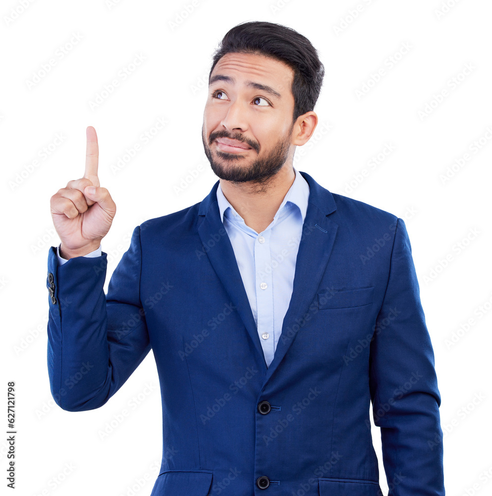 Business, asian man and pointing up in studio while thinking of ideas, advertising promotion and inf