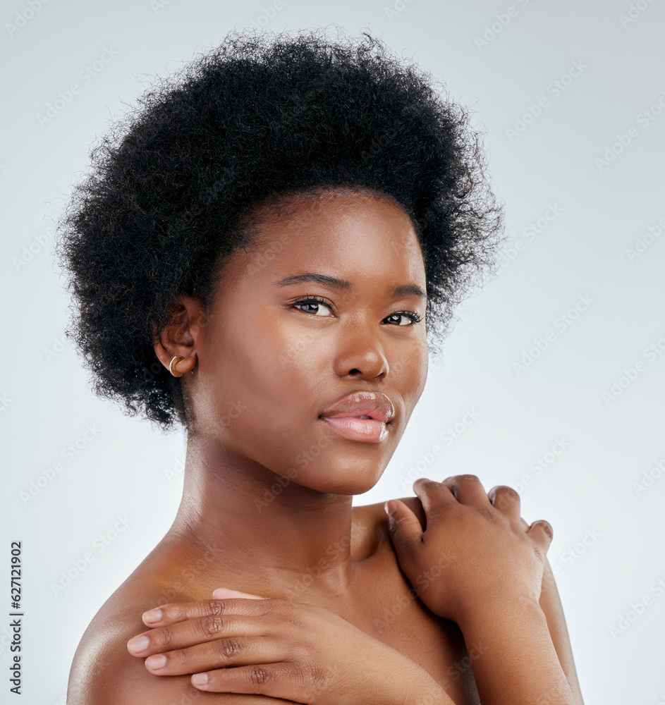 Face, skincare and beauty of black woman, confident and isolated in studio on a white background. Se