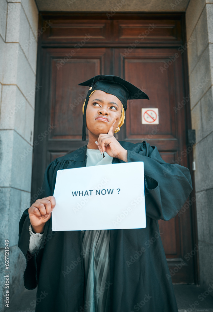 Black woman, what now sign and college student thinking of education choice, decision or graduate un