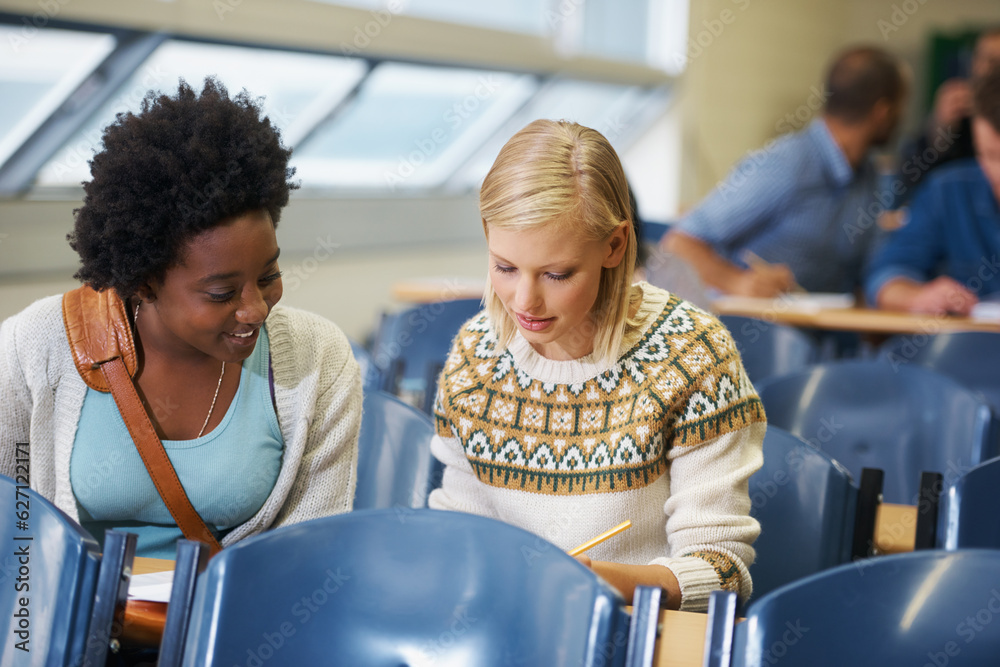 Class is in session. Shot of two female college students working together in a lecture hall.