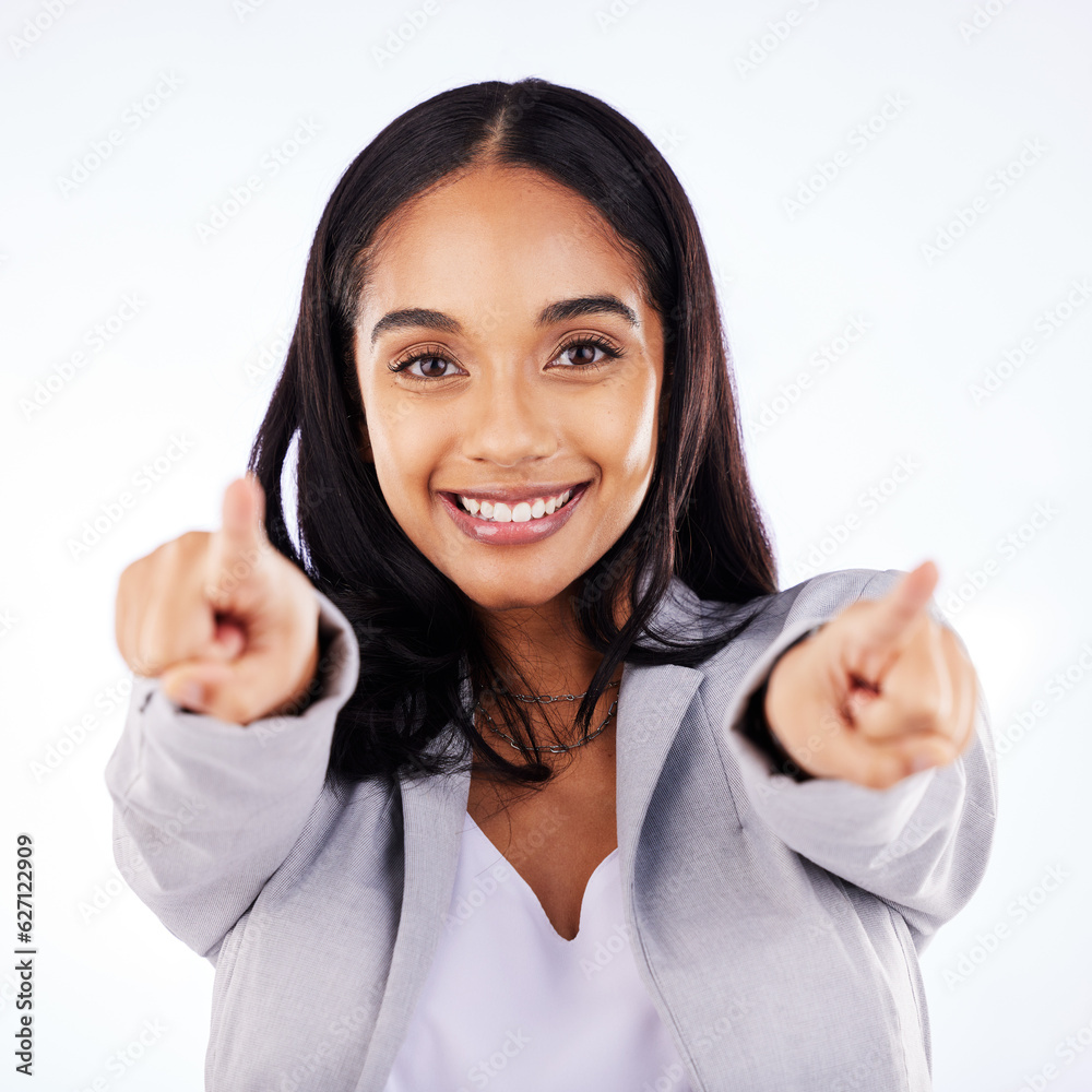 Portrait, business woman and pointing to you in studio, white background and hands for choice of dec