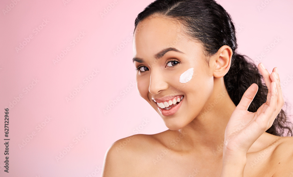 Skincare mockup, cream and portrait of woman in studio for wellness, spa treatment and cleaning. Der