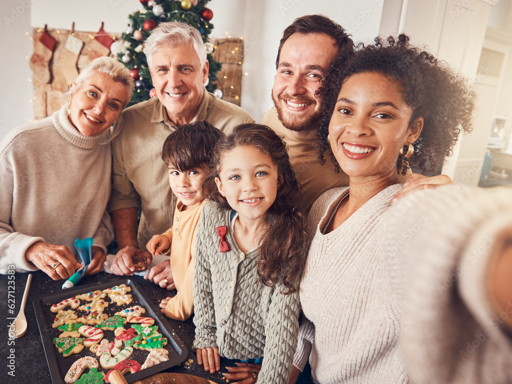 Christmas, portrait and selfie of family cooking cookies in home kitchen, bond and together. Xmas, b