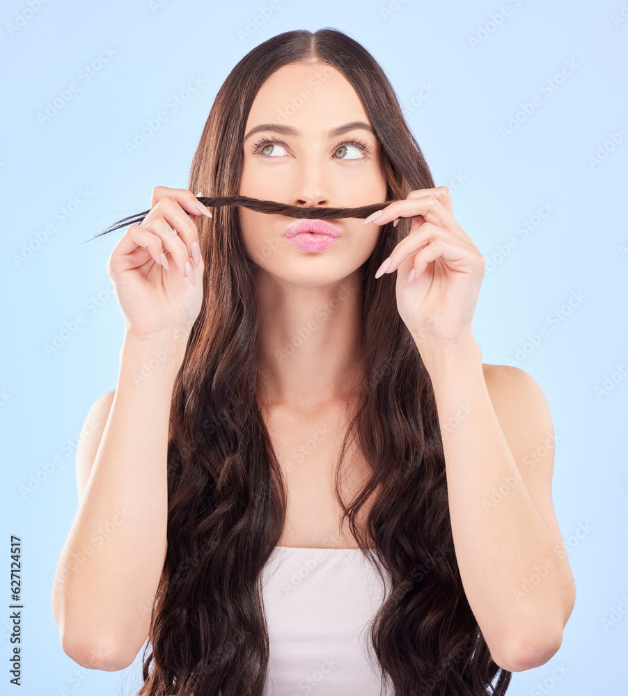 Hair, moustache and woman in studio for beauty, salon aesthetic or healthy shampoo on blue backgroun