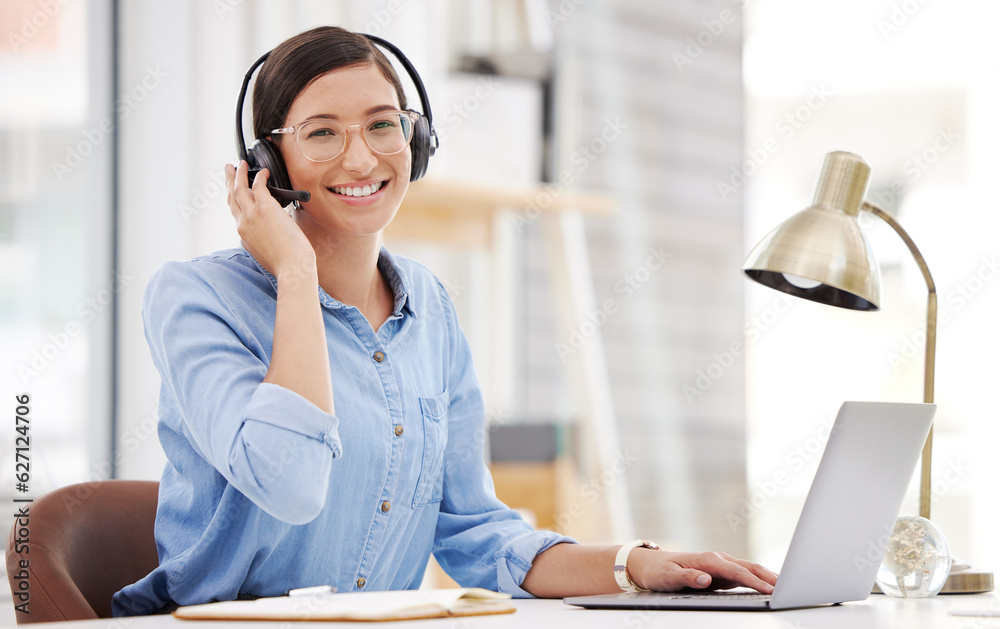 Call center, portrait and woman employee with a smile from customer service and web help. Online con