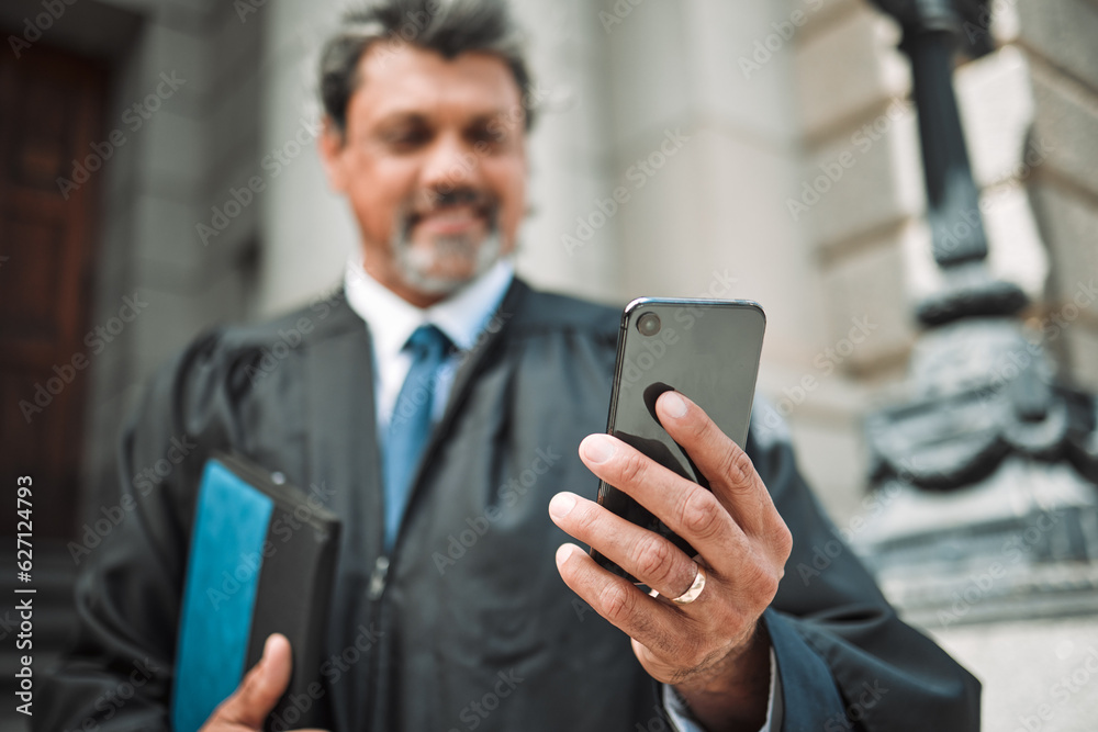 Senior attorney man, phone and street with smile, thinking and hand with ideas internet app in metro