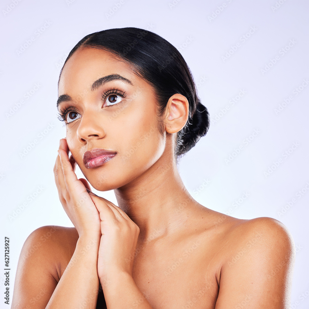 Thinking, glow and woman with skincare, dermatology or self care against a white studio background. 