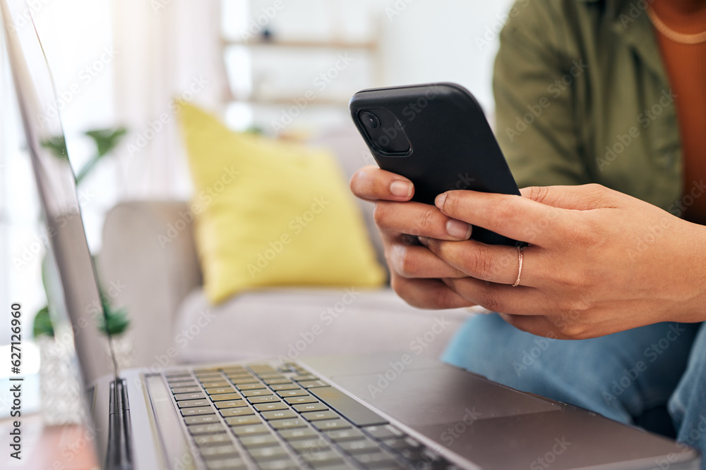 Woman, hands and phone in social media, communication or online networking in living room at home. C