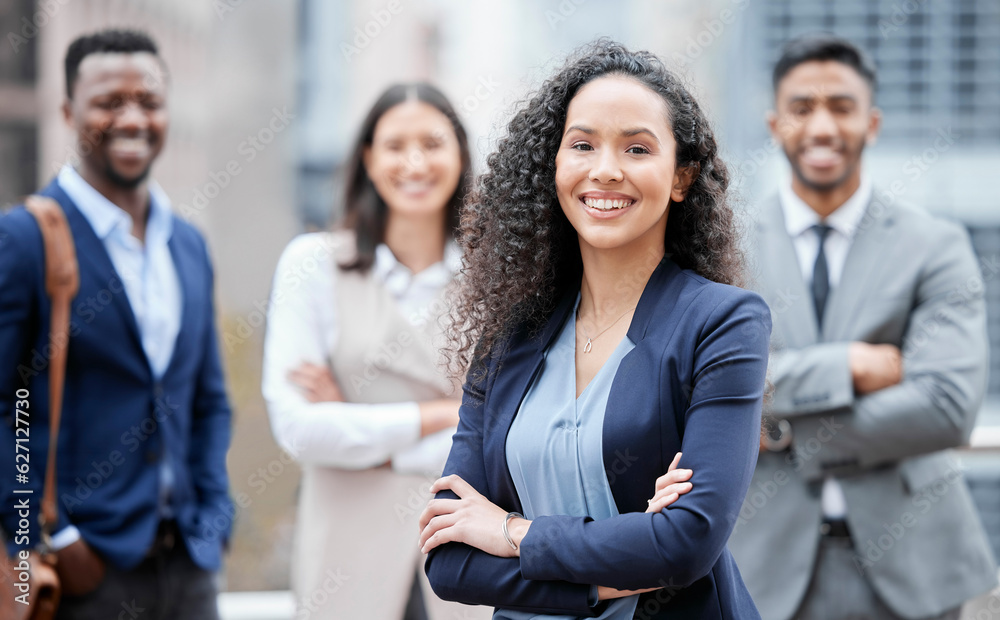 Business woman, city portrait and arms crossed outdoor with leadership and management success. Profe