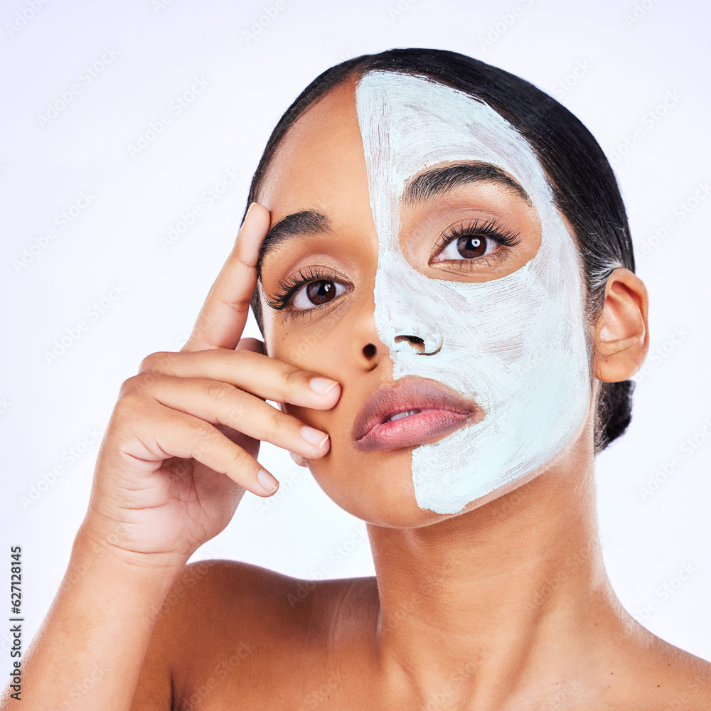 Portrait, skincare and woman in studio with facial, half and cosmetic treatment on grey background. 