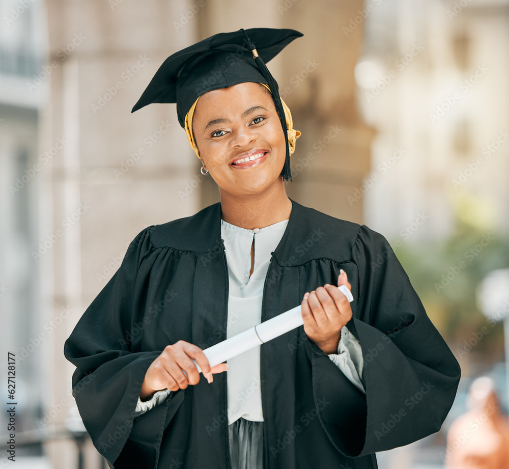 Success, university and portrait of woman at graduation with degree, diploma or certificate scroll. 