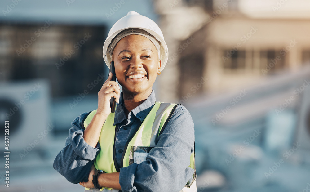 Phone call, construction worker and black woman conversation, smile or talk about roof inspection, a