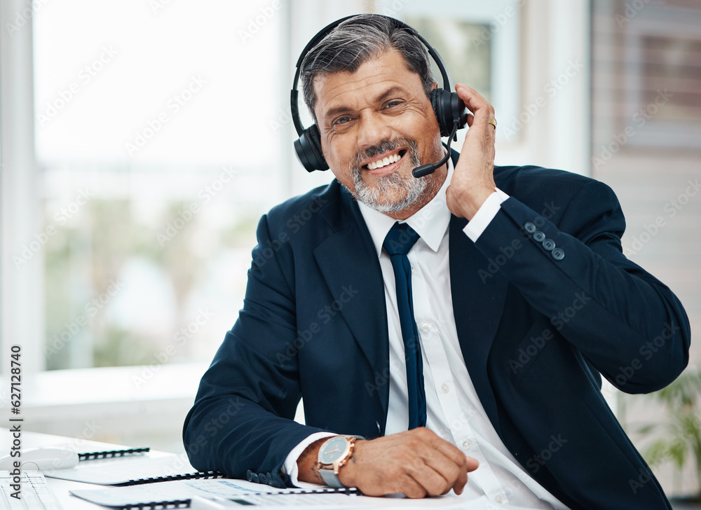 Portrait, call center and mature man happy for business, customer service and listening for support.