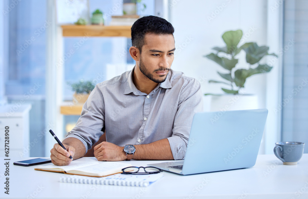 Young business man, writing and notebook with laptop, ideas or schedule planning at web design job. 