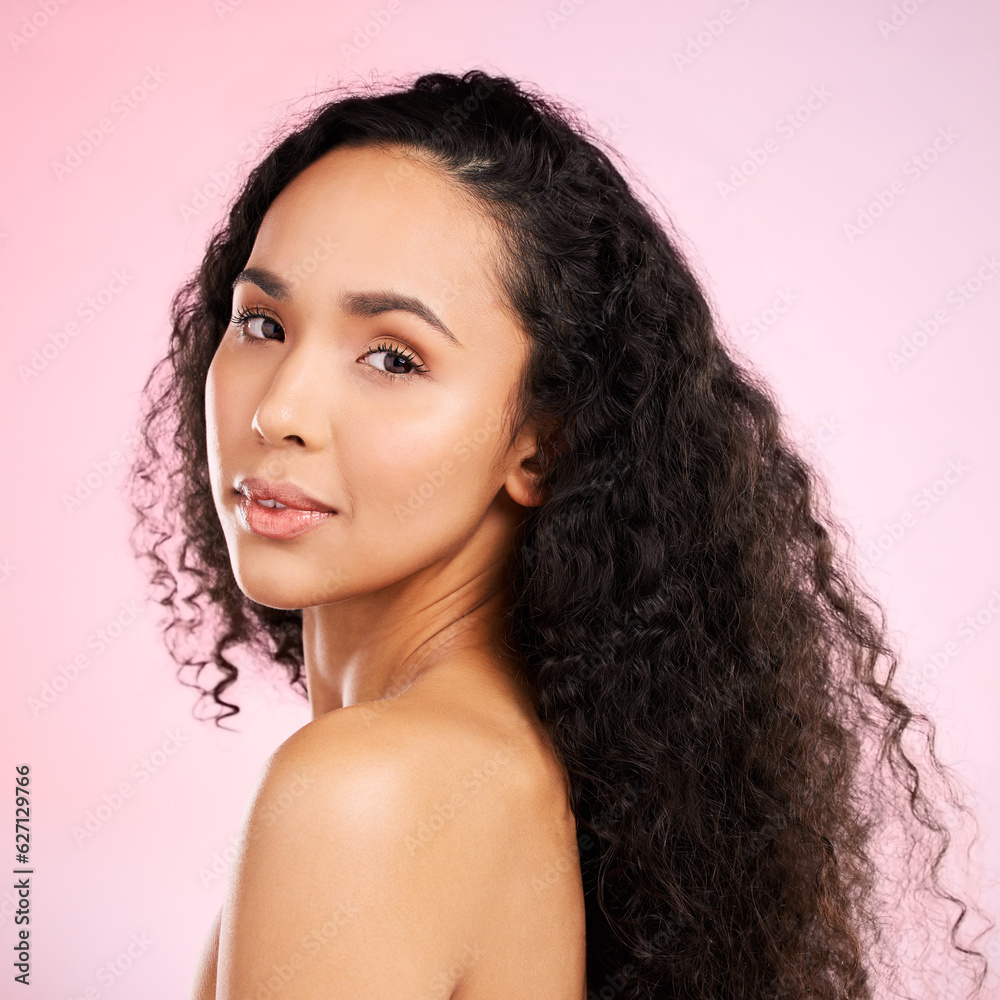 Beauty, portrait and skincare with african woman for glow with dermatology on body and pink backgrou