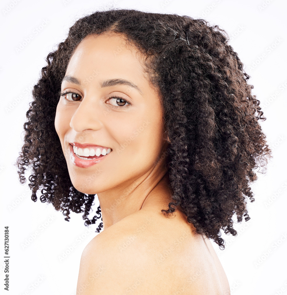 Beauty, skincare and portrait of black woman on a white background for wellness, health and facial. 