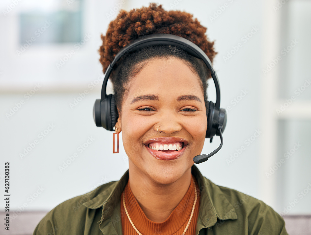 Call center, black woman and portrait of telemarketing agent smile with microphone in customer servi