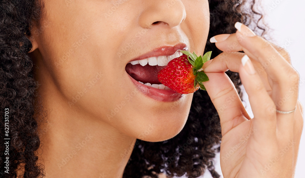 Healthy, eating or mouth of woman with strawberry in studio on white background for clean diet nutri