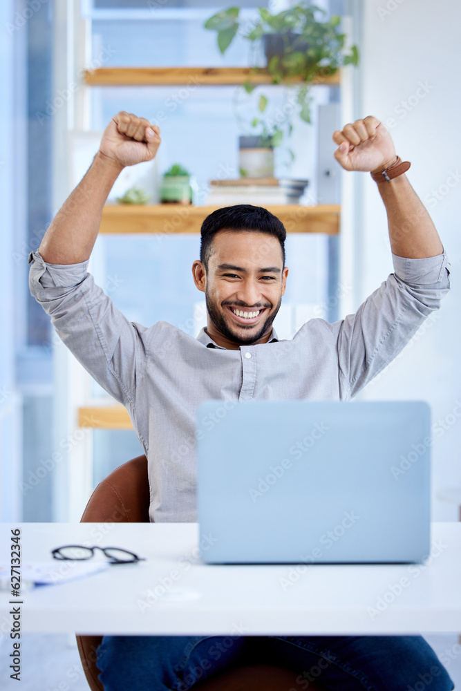 Happy man, laptop and celebrate business success or win at desk with victory fist for bonus deal. Ex