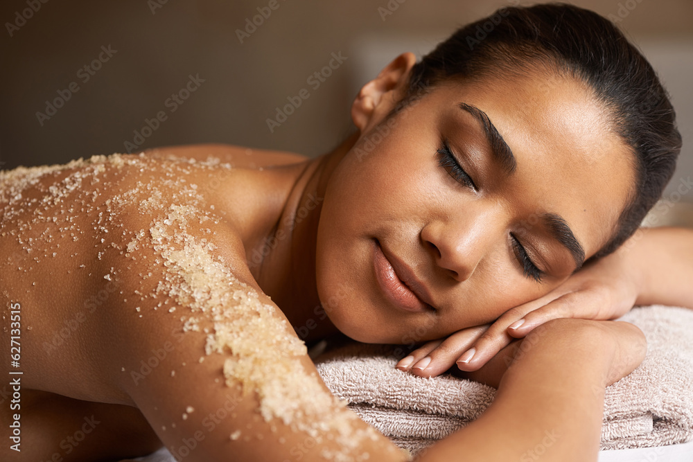 Eyes closed, body scrub or back massage for woman to relax for resting or wellness physical therapy 