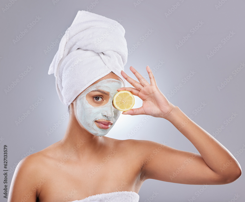 Mask, skincare and lemon with portrait of woman in studio for beauty, natural cosmetics and vitamin 