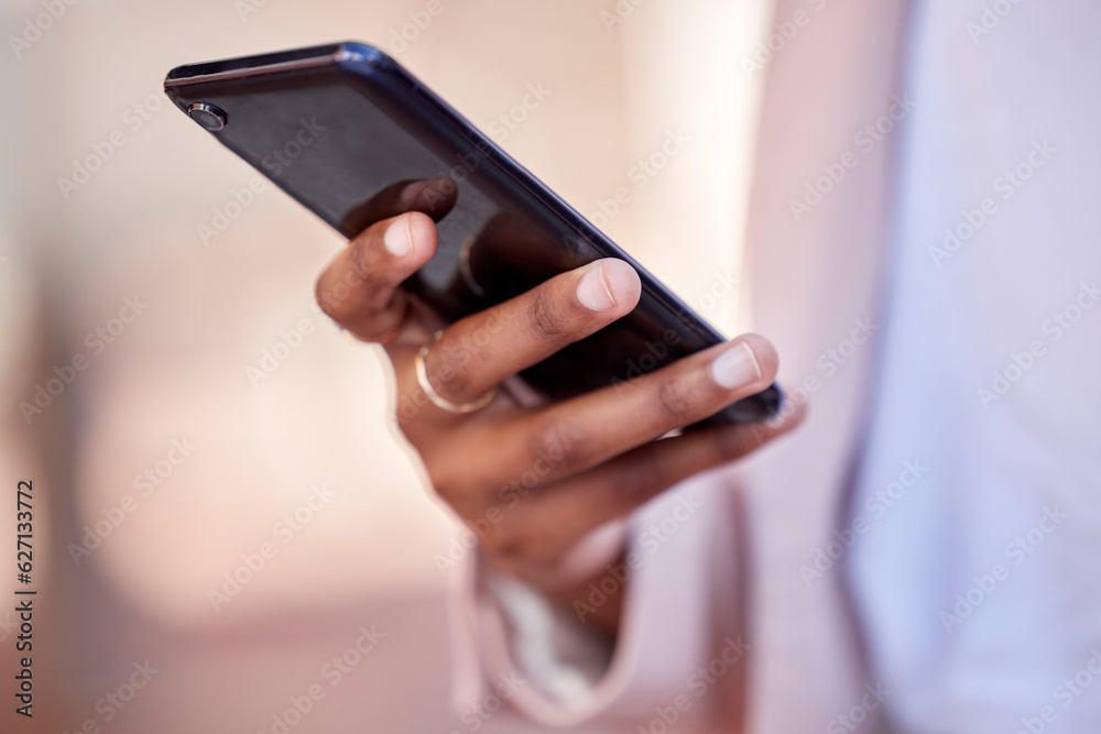 Woman, hands and phone for communication, networking or online browsing on social media outdoors. Cl