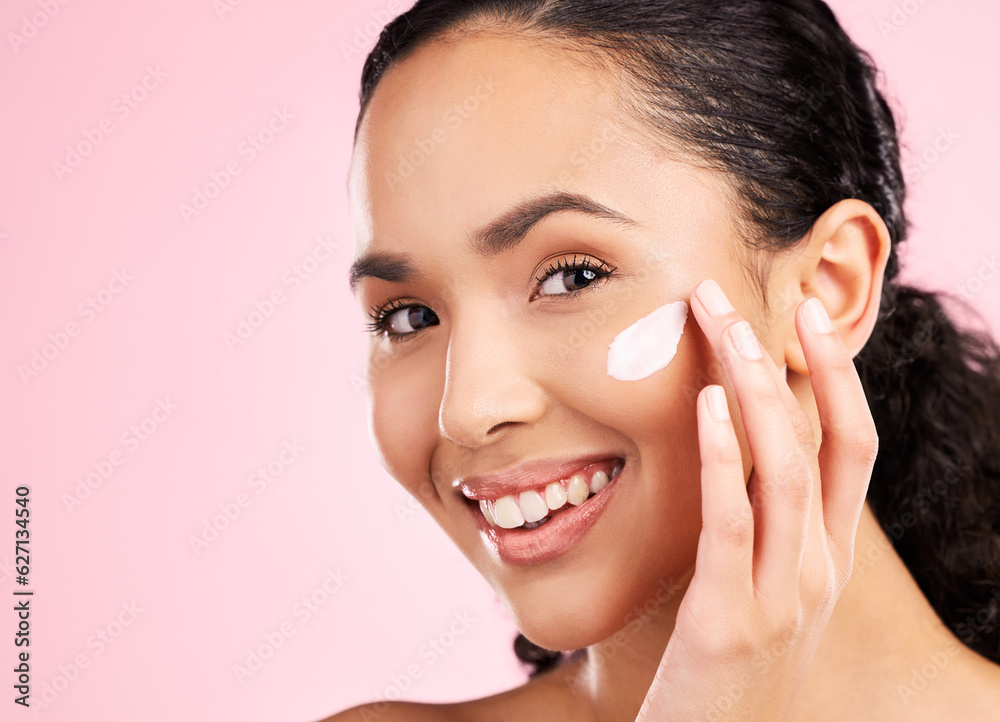 Skincare, cream and portrait of woman in studio for wellness, spa treatment and cleaning. Dermatolog