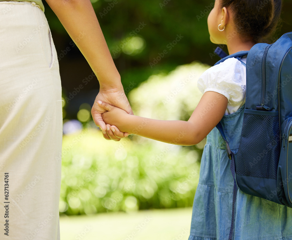 Backpack, holding hands and child with mother, school and walking together outdoor. Hold hand, mom a