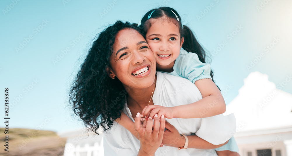 Hug, piggyback and mom with her girl child playing outdoor in the garden at their family home. Happy