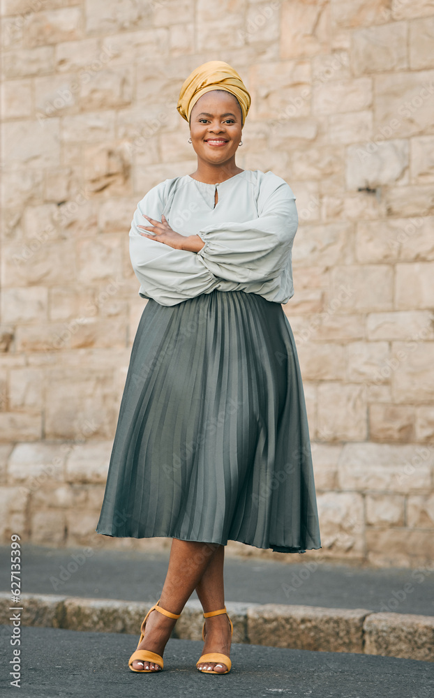 Portrait, happy and city with a business black woman standing arms crossed outdoor for management. L