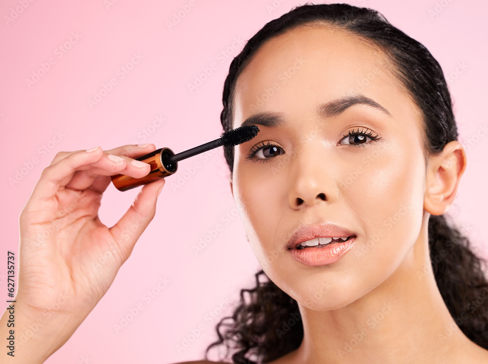 Beauty, mascara and makeup on face of a woman in studio for eyelash cosmetics and skin glow. Portrai