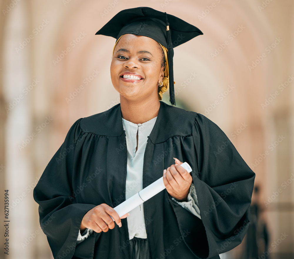 Smile, college and portrait of woman at graduation with degree, diploma or certificate scroll. Succe