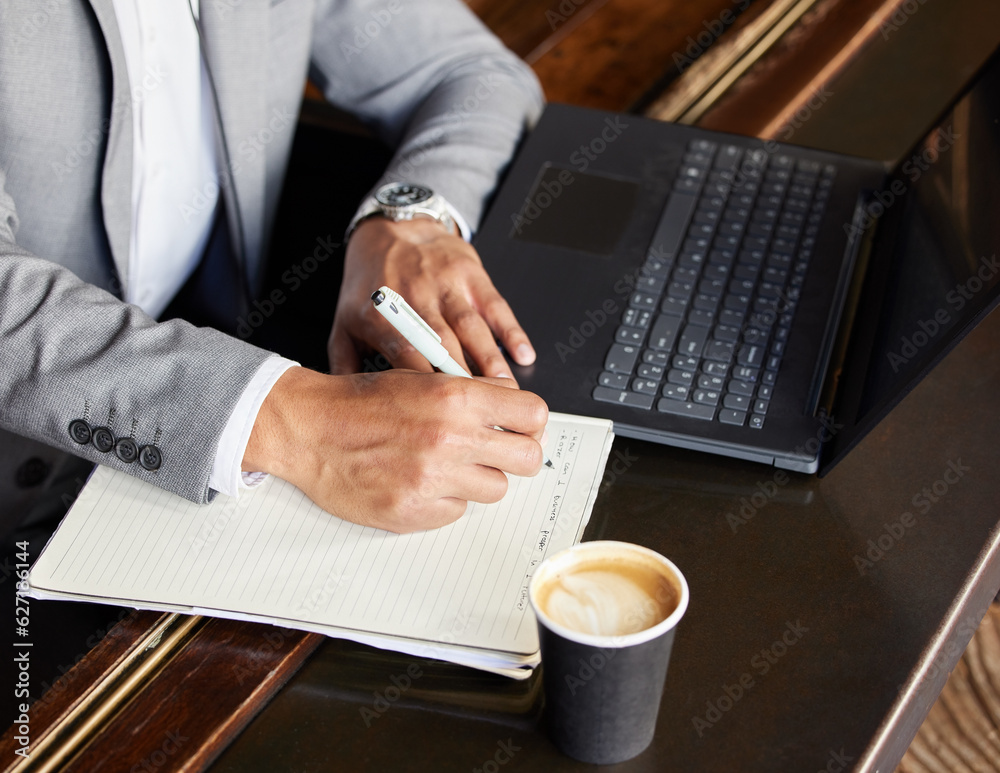 Business man, hands and writing at coffee shop with entrepreneur notes and journal. Schedule plannin