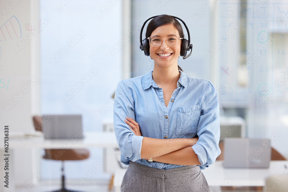 Call center, woman portrait and arms crossed in office for virtual communication, business support o