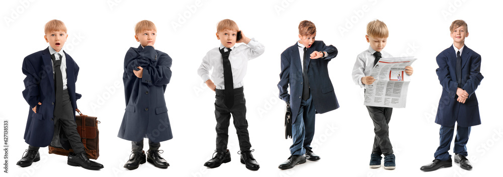 Collage of little businessmen on white background