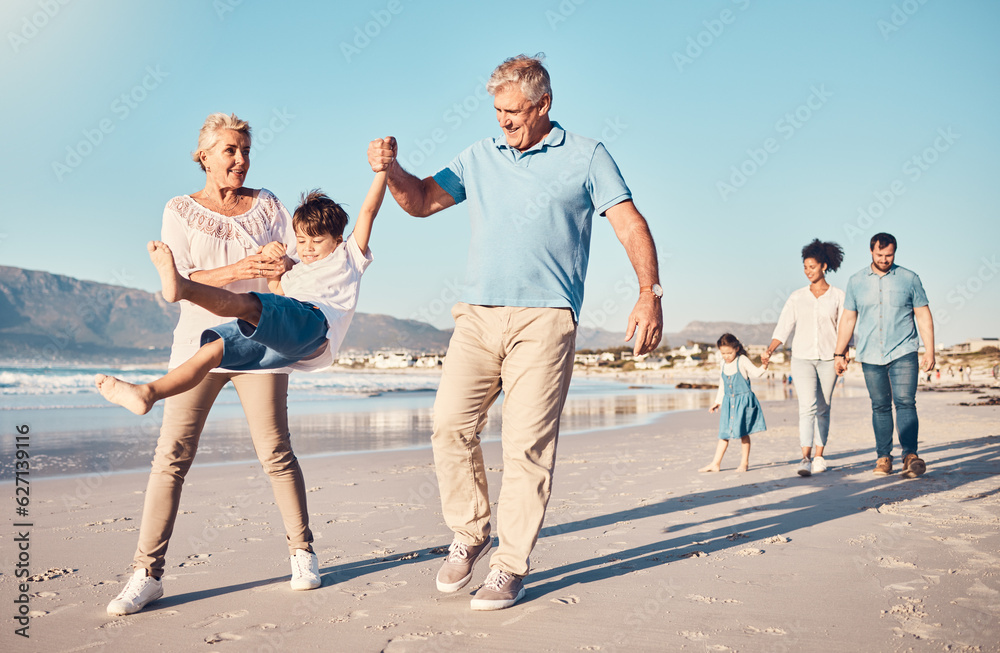 Swinging, grandparents and a child walking on the beach on a family vacation, holiday or adventure i