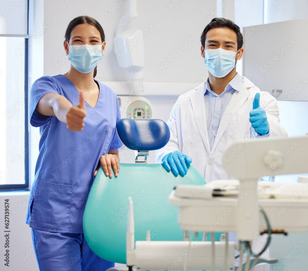 Dentist team, face mask and thumbs up portrait for.medical industry and teamwork. Assistant woman an