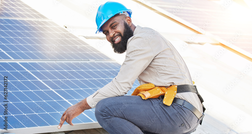 Black man, portrait and technician in solar panel installation on rooftop in city for renewable ener