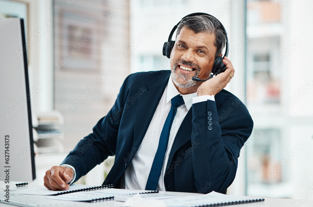 Portrait, call center and mature man with smile for business, customer service and listening for sup