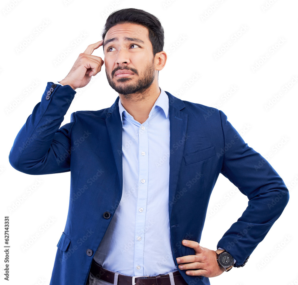 Business, thinking and confused asian man in studio, white background or doubt of stress, questions 