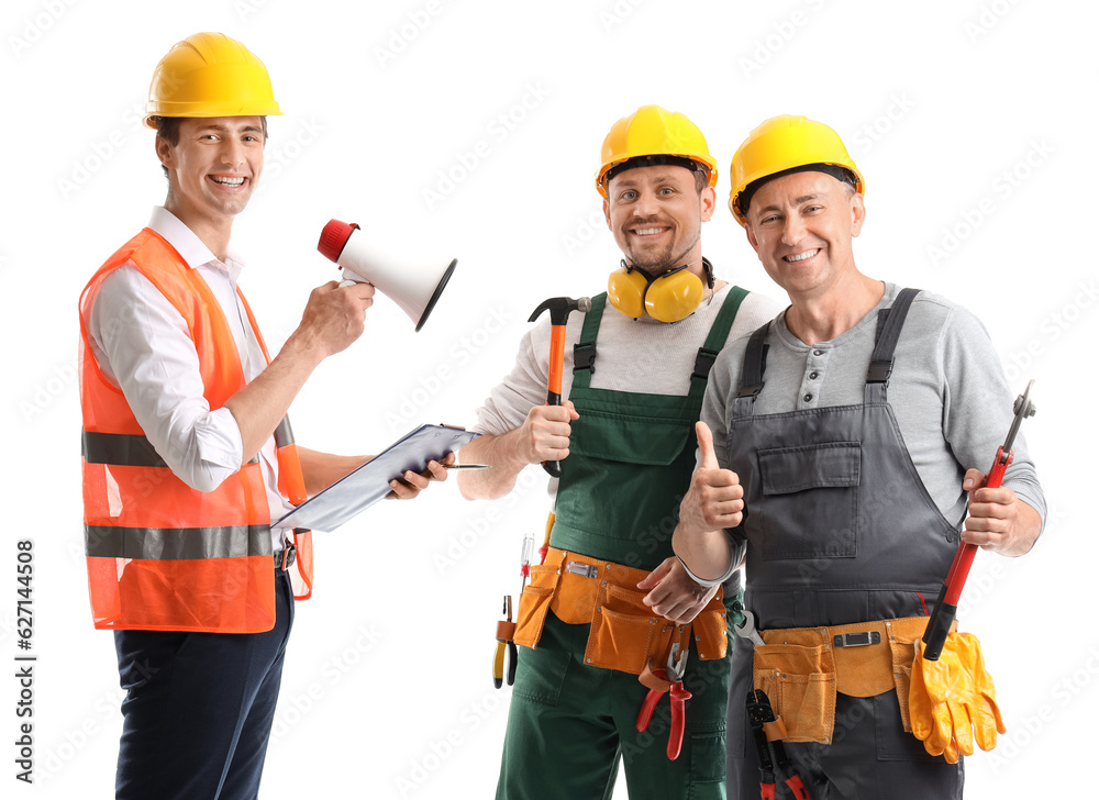 Team of male builders on white background