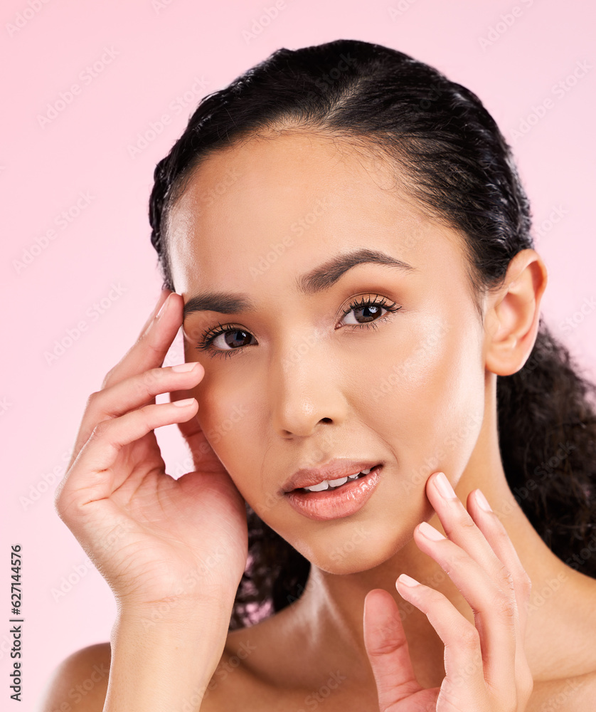 Beauty, cosmetics and portrait of woman in studio for wellness, facial treatment and skincare. Derma